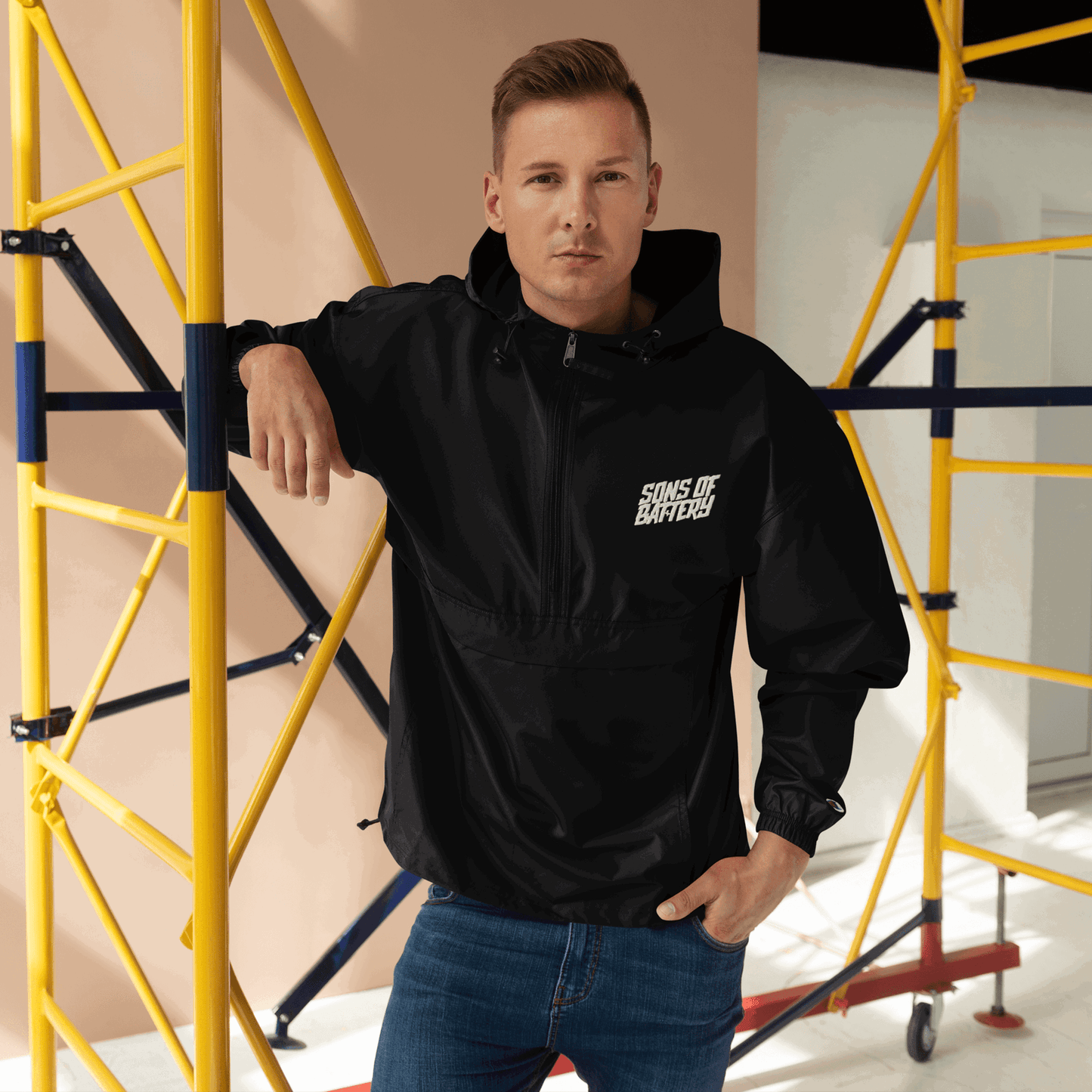 Printful Leichter Sons of Battery x Champion - Windbreaker Bestickte verstaubare Champion-Jacke E-Bike-Community