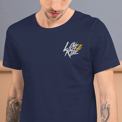 Printful Navy / XS Love 2 Ride gesticktes - Kurzärmeliges Unisex-T-Shirt E-Bike-Community