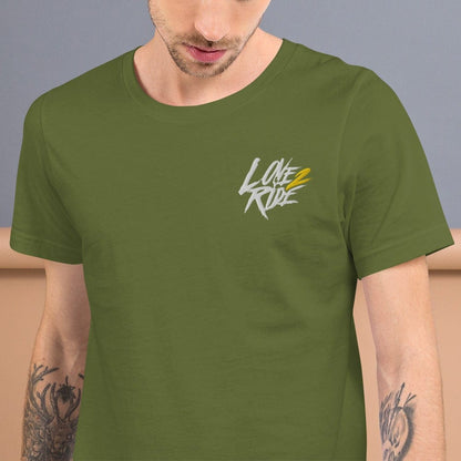 Printful Olive / S Love 2 Ride gesticktes - Kurzärmeliges Unisex-T-Shirt E-Bike-Community