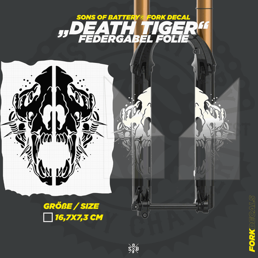 Sons of Battery - E-MTB Brand & Community Folien und Sticker HxB: 18 x 7 cm / Chrom Death Tiger - Federgabel Vinyl Aufkleber E-Bike-Community