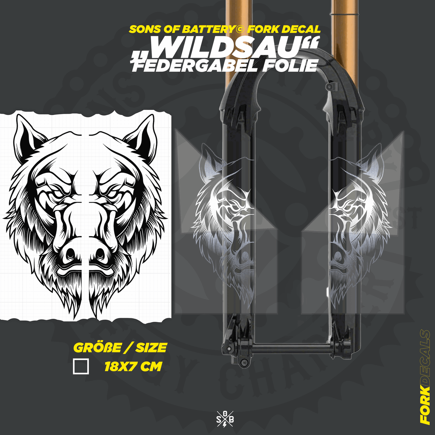 Sons of Battery - E-MTB Brand & Community Folien und Sticker HxB: 18 x 7 cm / Chrom Wildsau - Federgabel Vinyl Aufkleber E-Bike-Community