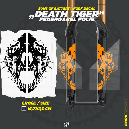 Sons of Battery - E-MTB Brand & Community Folien und Sticker HxB: 18 x 7 cm / Fox-Orange (Glanz) Death Tiger - Federgabel Vinyl Aufkleber E-Bike-Community