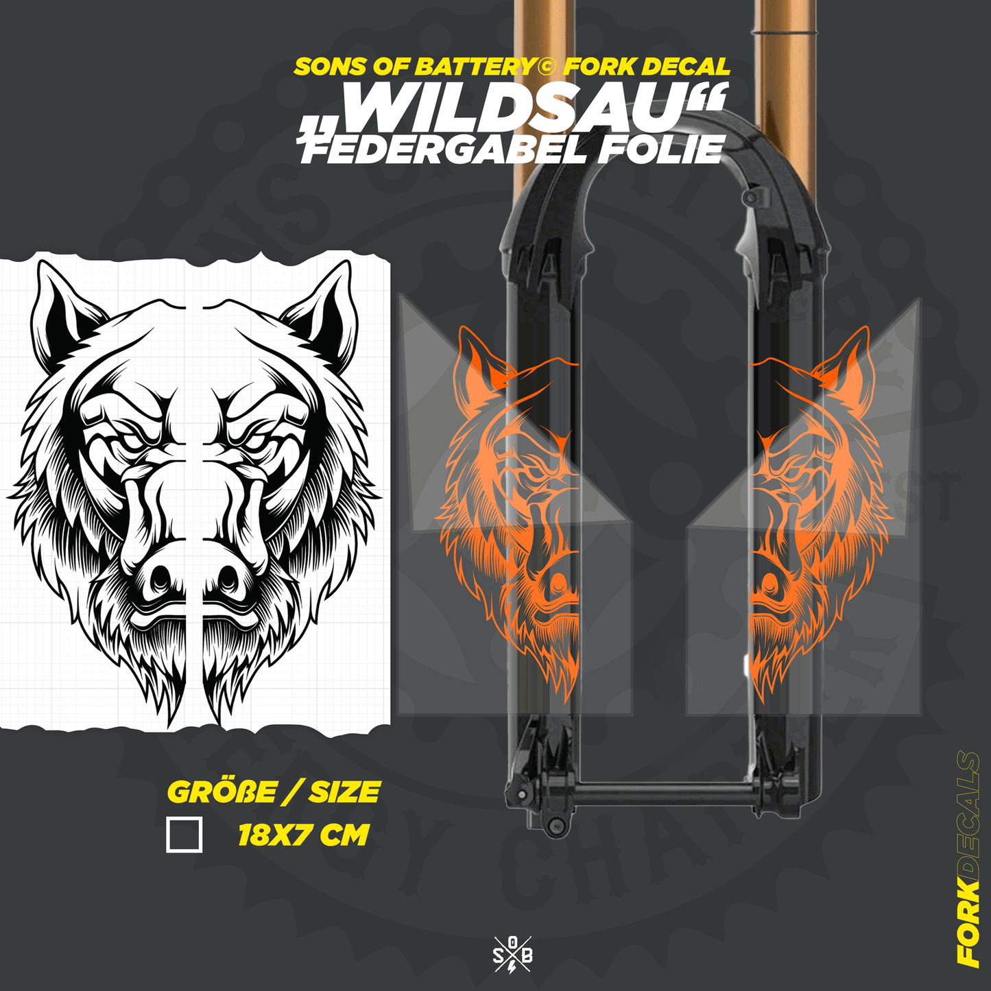 Sons of Battery - E-MTB Brand & Community Folien und Sticker HxB: 18 x 7 cm / Fox-Orange (Glanz) Wildsau - Federgabel Vinyl Aufkleber E-Bike-Community