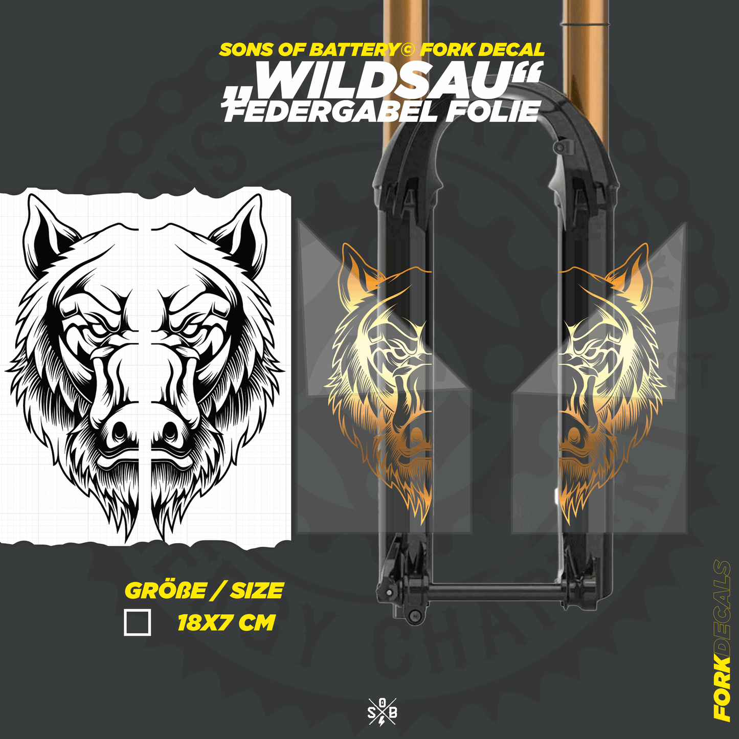 Sons of Battery - E-MTB Brand & Community Folien und Sticker HxB: 18 x 7 cm / Gold Wildsau - Federgabel Vinyl Aufkleber E-Bike-Community