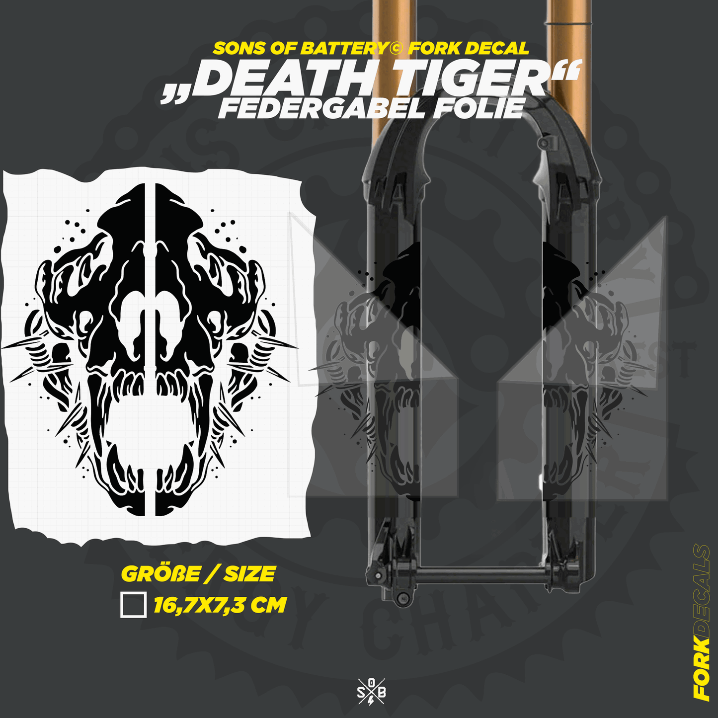 Sons of Battery - E-MTB Brand & Community Folien und Sticker HxB: 18 x 7 cm / Schwarz Death Tiger - Federgabel Vinyl Aufkleber E-Bike-Community