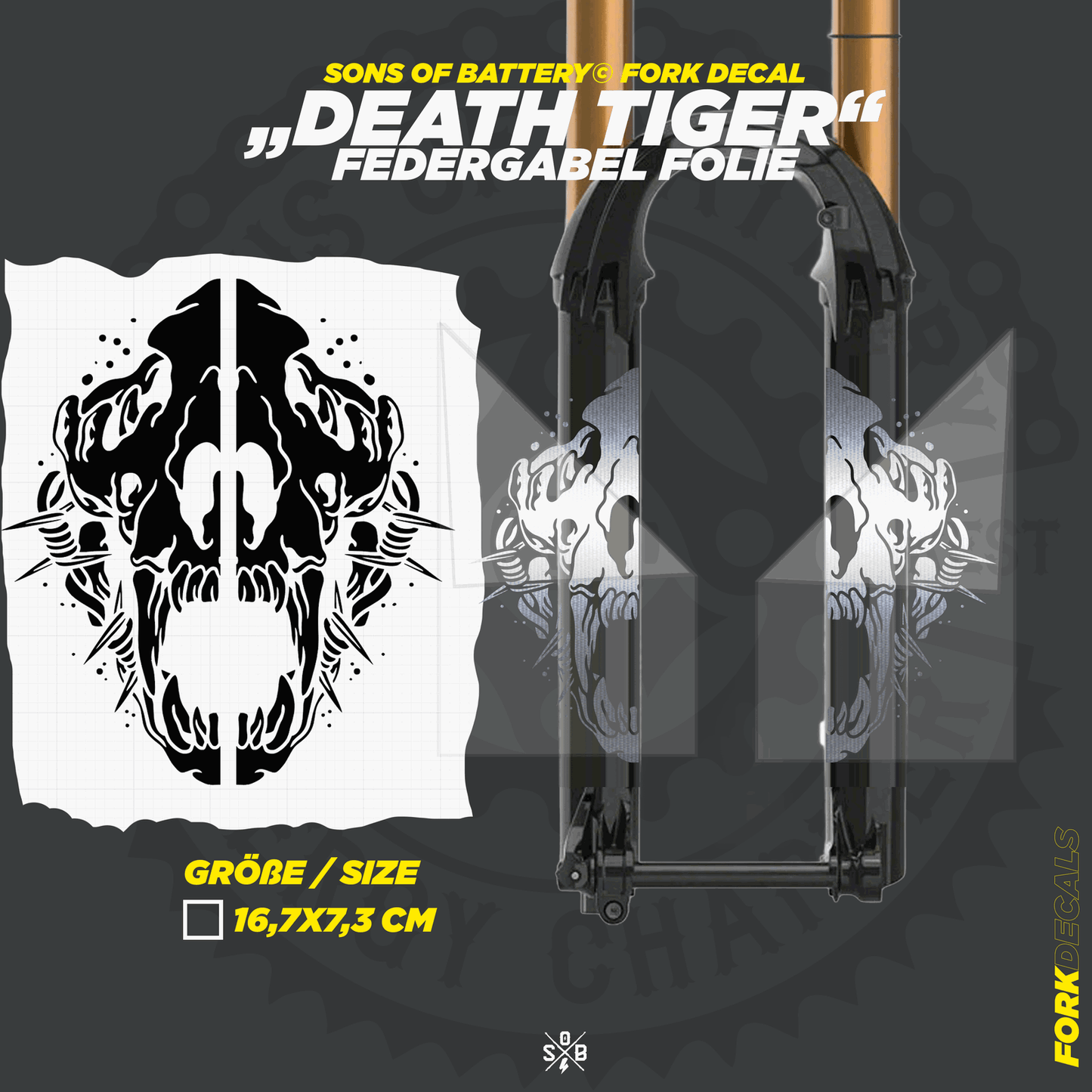 Sons of Battery - E-MTB Brand & Community Folien und Sticker HxB: 18 x 7 cm / Silber Death Tiger - Federgabel Vinyl Aufkleber E-Bike-Community