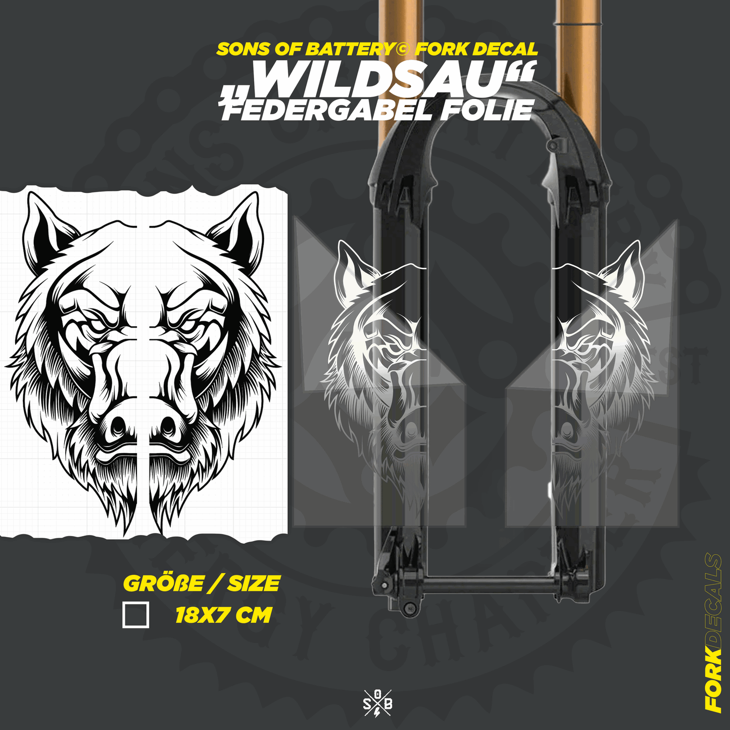 Sons of Battery - E-MTB Brand & Community Folien und Sticker HxB: 18 x 7 cm / Silber Wildsau - Federgabel Vinyl Aufkleber E-Bike-Community