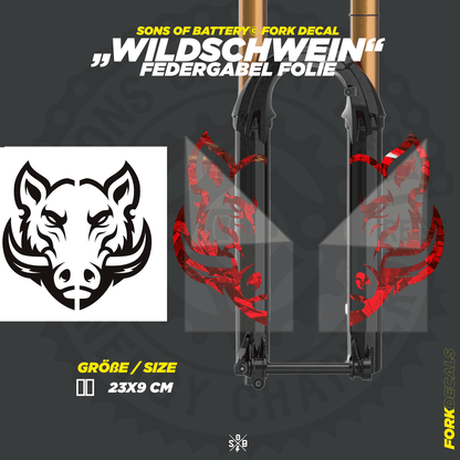 Sons of Battery - E-MTB Brand & Community Folien und Sticker HxB: 18 x 8 cm / Forged Carbon Red Wildschwein - Federgabel Vinyl Aufkleber E-Bike-Community