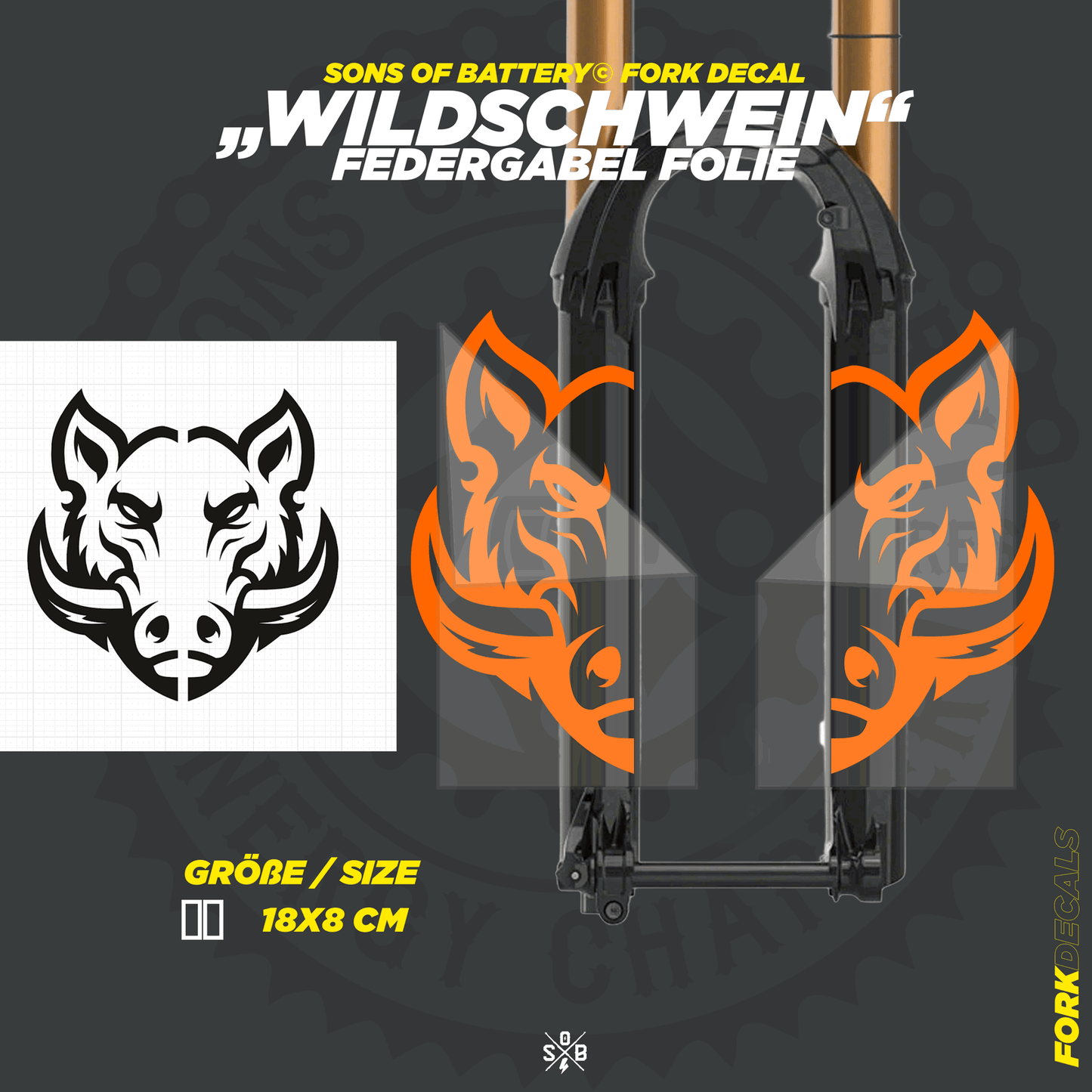 Sons of Battery - E-MTB Brand & Community Folien und Sticker HxB: 18 x 8 cm / Fox-Orange (Glanz) Wildschwein - Federgabel Vinyl Aufkleber E-Bike-Community