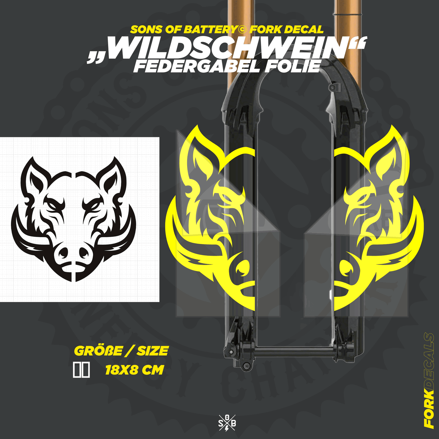 Sons of Battery - E-MTB Brand & Community Folien und Sticker HxB: 18 x 8 cm / Neongelb Wildschwein - Federgabel Vinyl Aufkleber E-Bike-Community