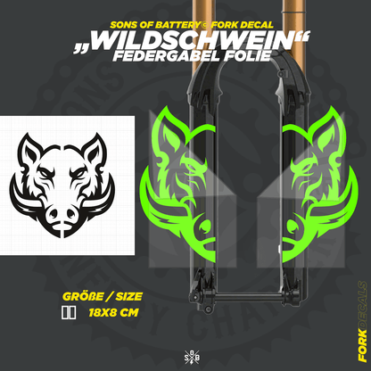 Sons of Battery - E-MTB Brand & Community Folien und Sticker HxB: 18 x 8 cm / Neongrün Wildschwein - Federgabel Vinyl Aufkleber E-Bike-Community