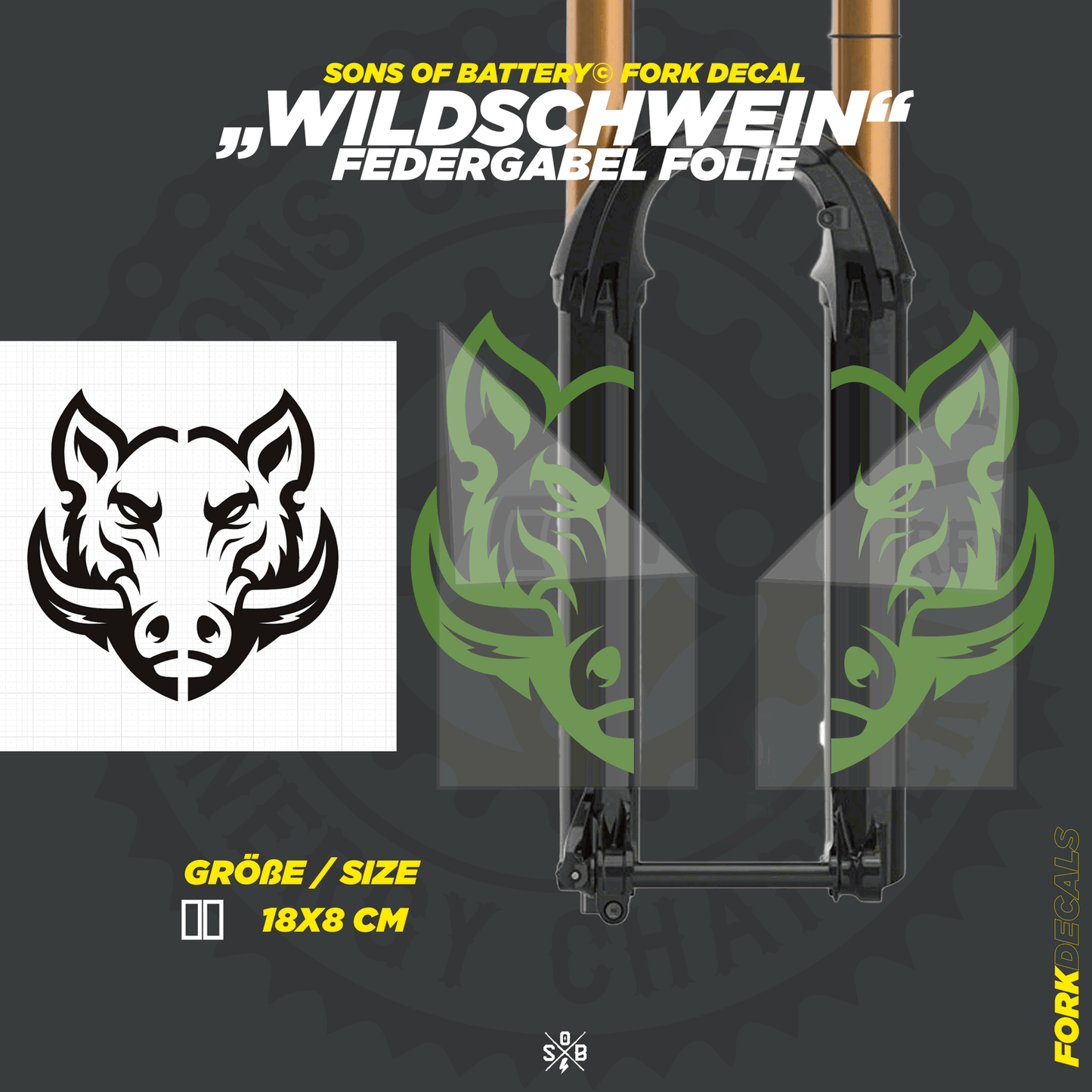 Sons of Battery - E-MTB Brand & Community Folien und Sticker HxB: 18 x 8 cm / Olive Wildschwein - Federgabel Vinyl Aufkleber E-Bike-Community