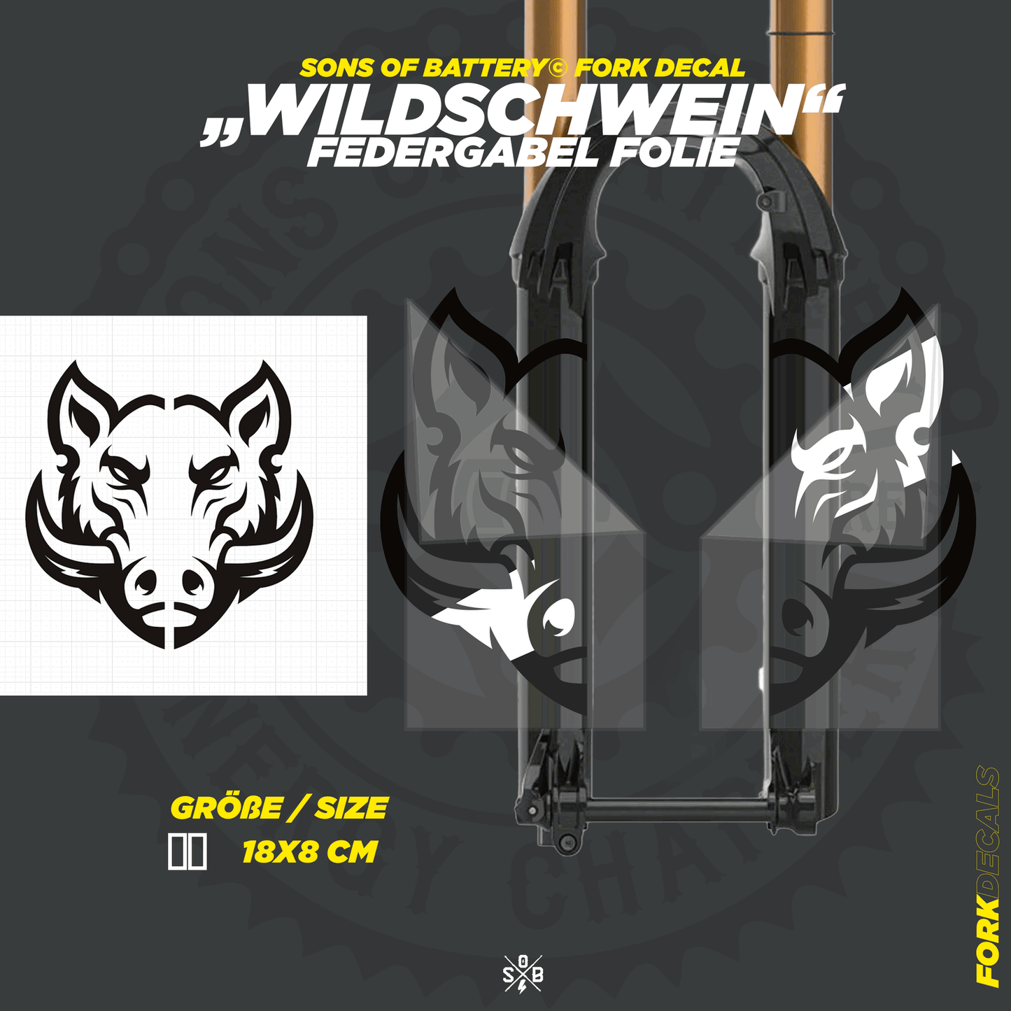 Sons of Battery - E-MTB Brand & Community Folien und Sticker HxB: 18 x 8 cm / Reflektierend Wildschwein - Federgabel Vinyl Aufkleber E-Bike-Community