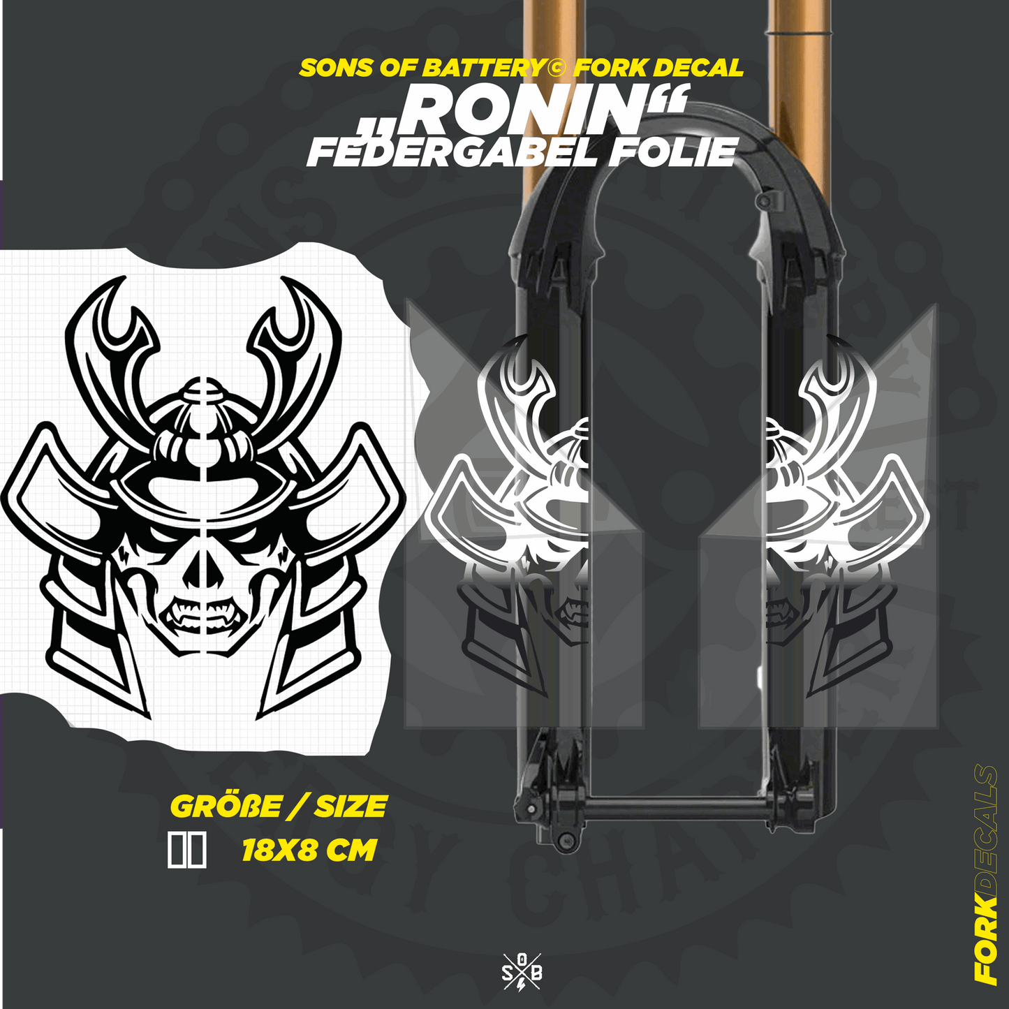 Sons of Battery - E-MTB Brand & Community Folien und Sticker HxB: 18 x  cm / Chrom RONIN - Federgabel Vinyl Aufkleber E-Bike-Community