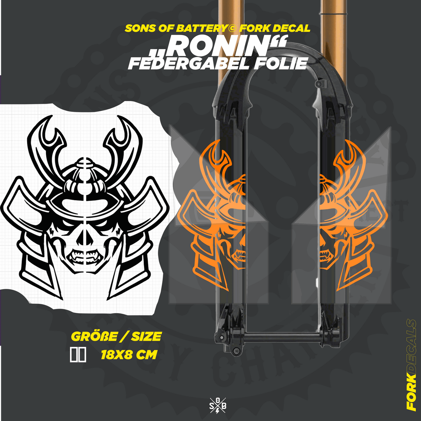 Sons of Battery - E-MTB Brand & Community Folien und Sticker HxB: 18 x  cm / Fox-Orange (Glanz) RONIN - Federgabel Vinyl Aufkleber E-Bike-Community