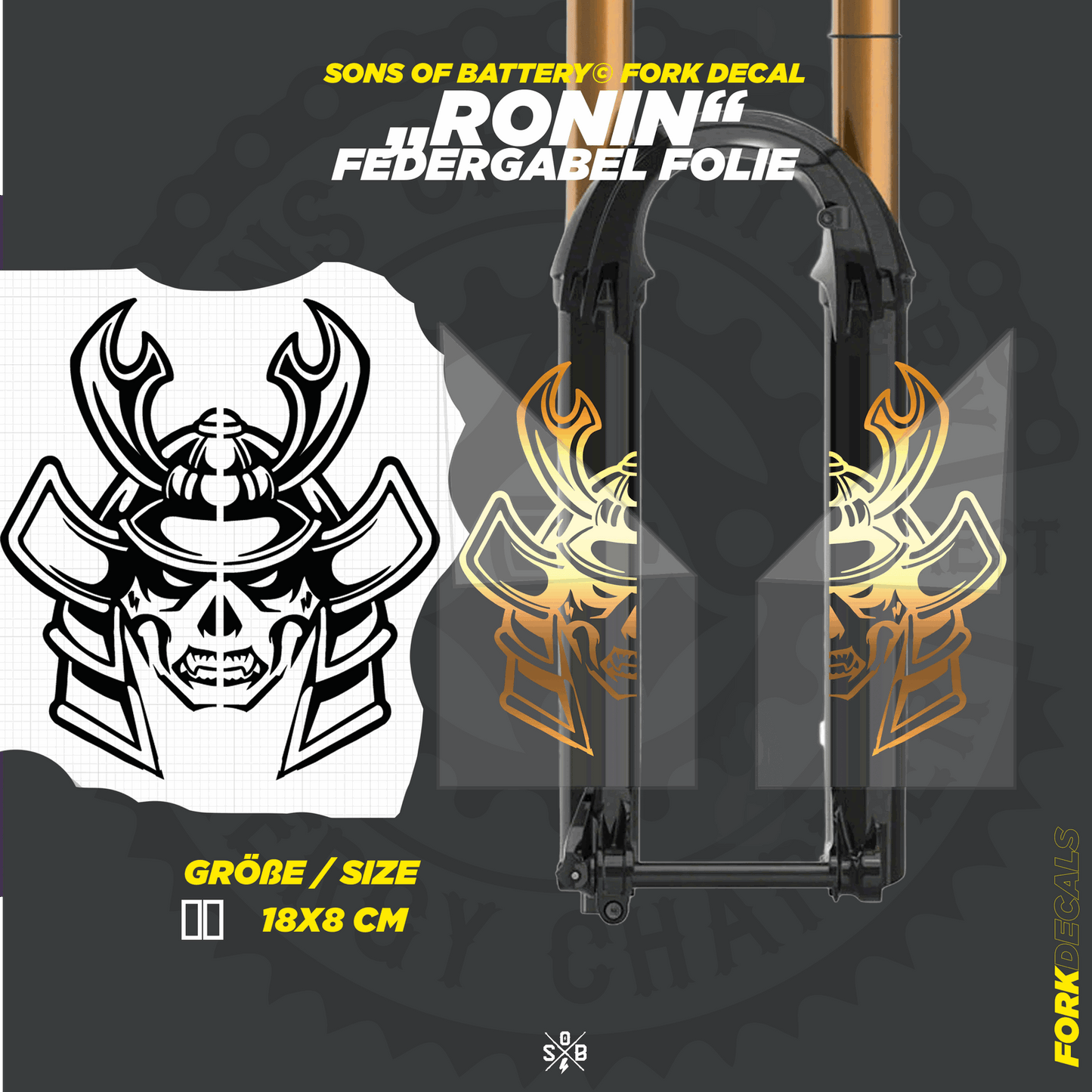 Sons of Battery - E-MTB Brand & Community Folien und Sticker HxB: 18 x  cm / Gold RONIN - Federgabel Vinyl Aufkleber E-Bike-Community