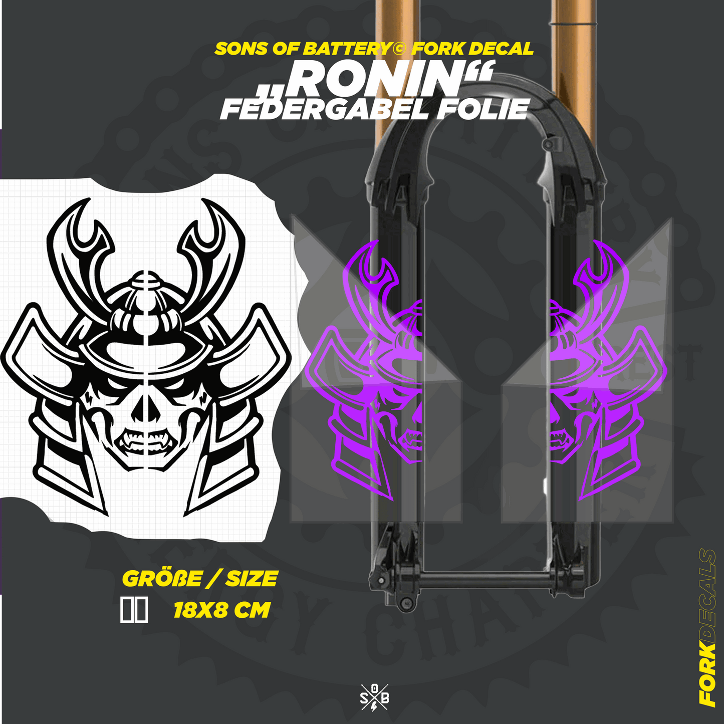 Sons of Battery - E-MTB Brand & Community Folien und Sticker HxB: 18 x  cm / Lila RONIN - Federgabel Vinyl Aufkleber E-Bike-Community