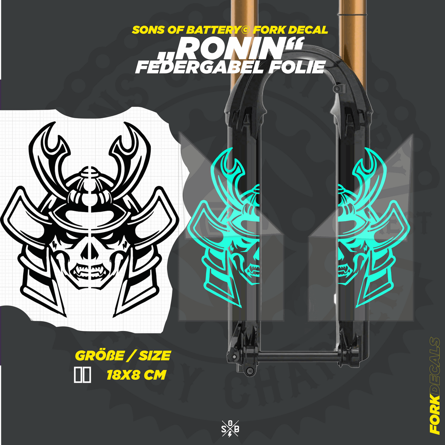 Sons of Battery - E-MTB Brand & Community Folien und Sticker HxB: 18 x  cm / Mint RONIN - Federgabel Vinyl Aufkleber E-Bike-Community