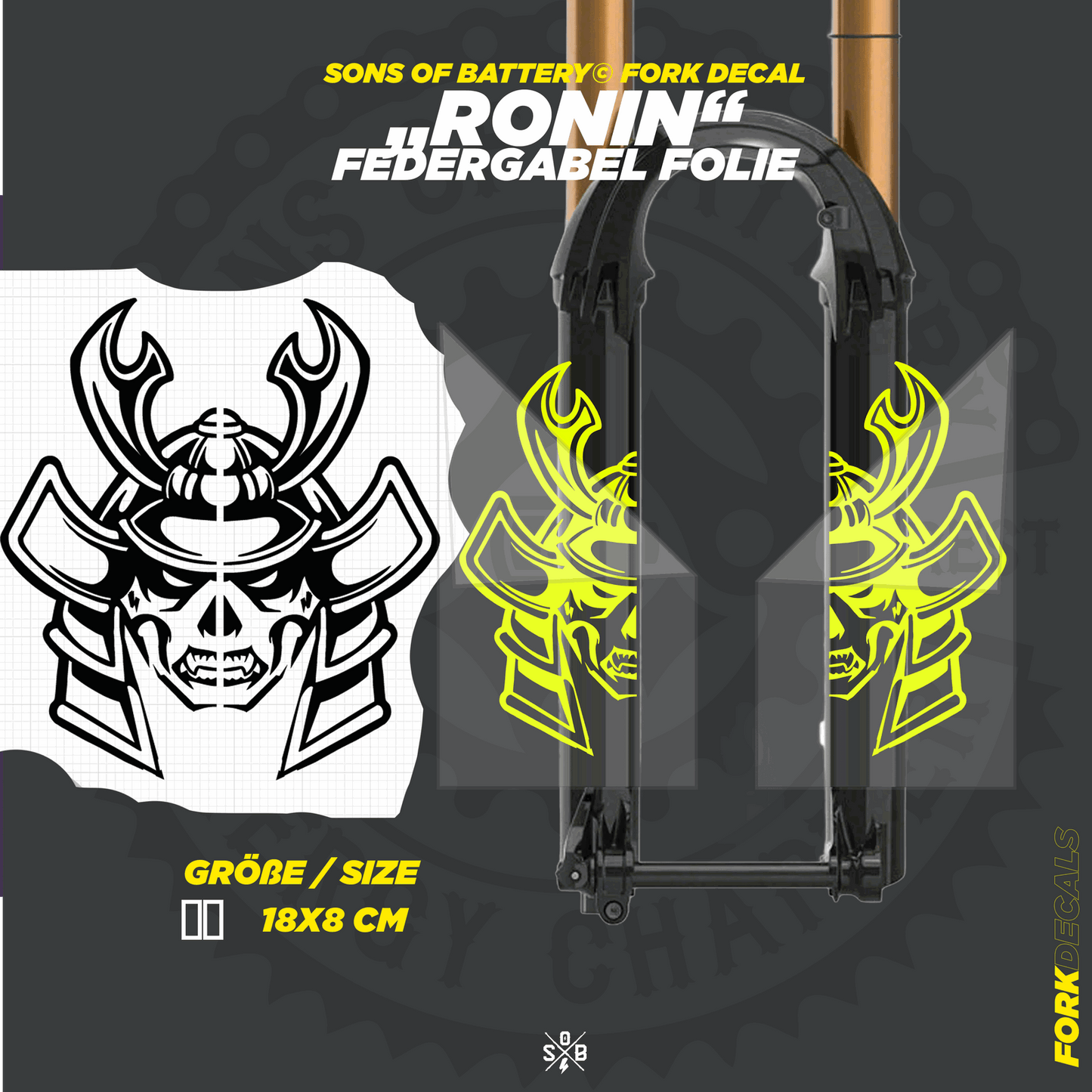 Sons of Battery - E-MTB Brand & Community Folien und Sticker HxB: 18 x  cm / Neongelb RONIN - Federgabel Vinyl Aufkleber E-Bike-Community