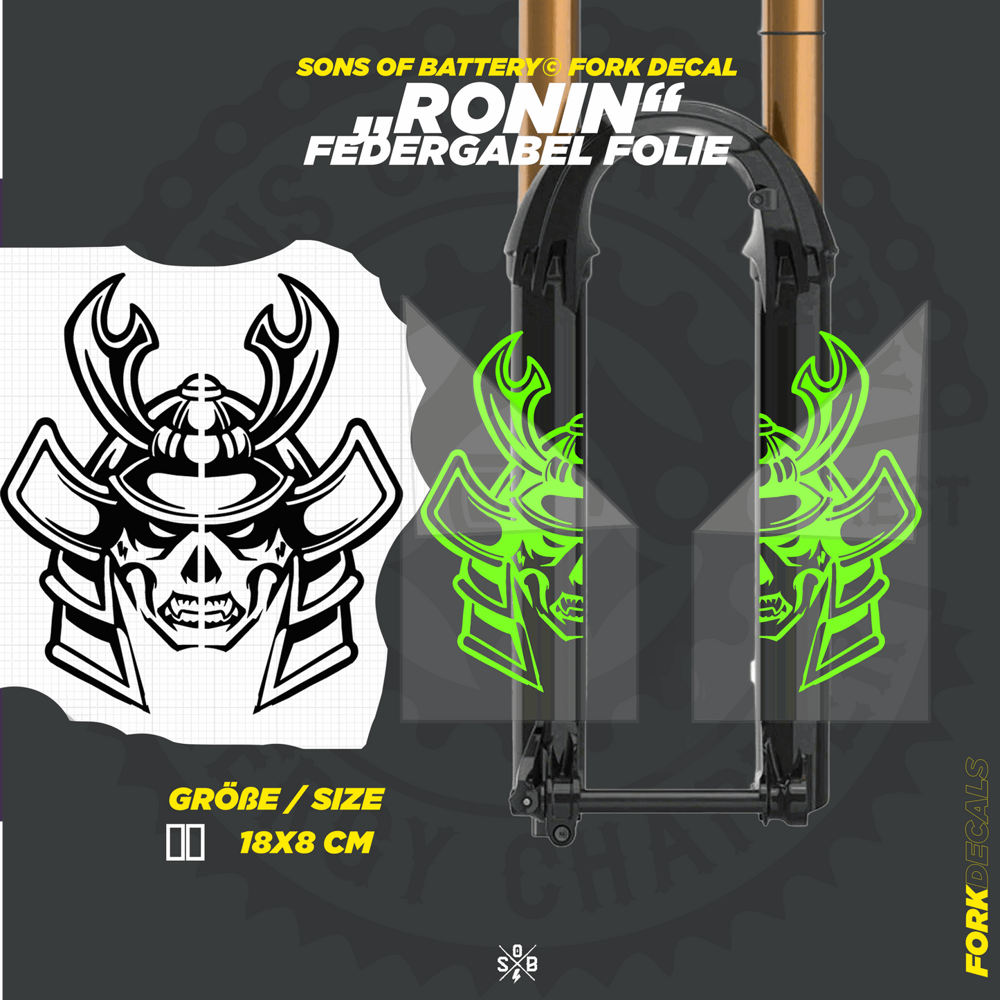 Sons of Battery - E-MTB Brand & Community Folien und Sticker HxB: 18 x  cm / Neongrün RONIN - Federgabel Vinyl Aufkleber E-Bike-Community