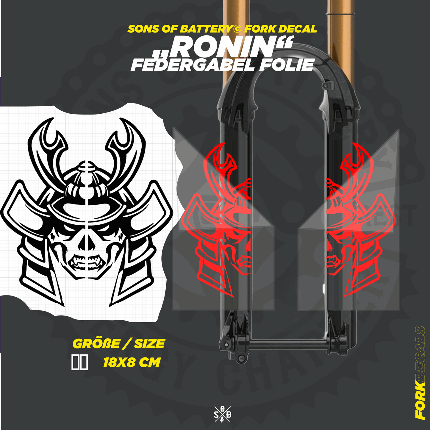 Sons of Battery - E-MTB Brand & Community Folien und Sticker HxB: 18 x  cm / Neonrot RONIN - Federgabel Vinyl Aufkleber E-Bike-Community