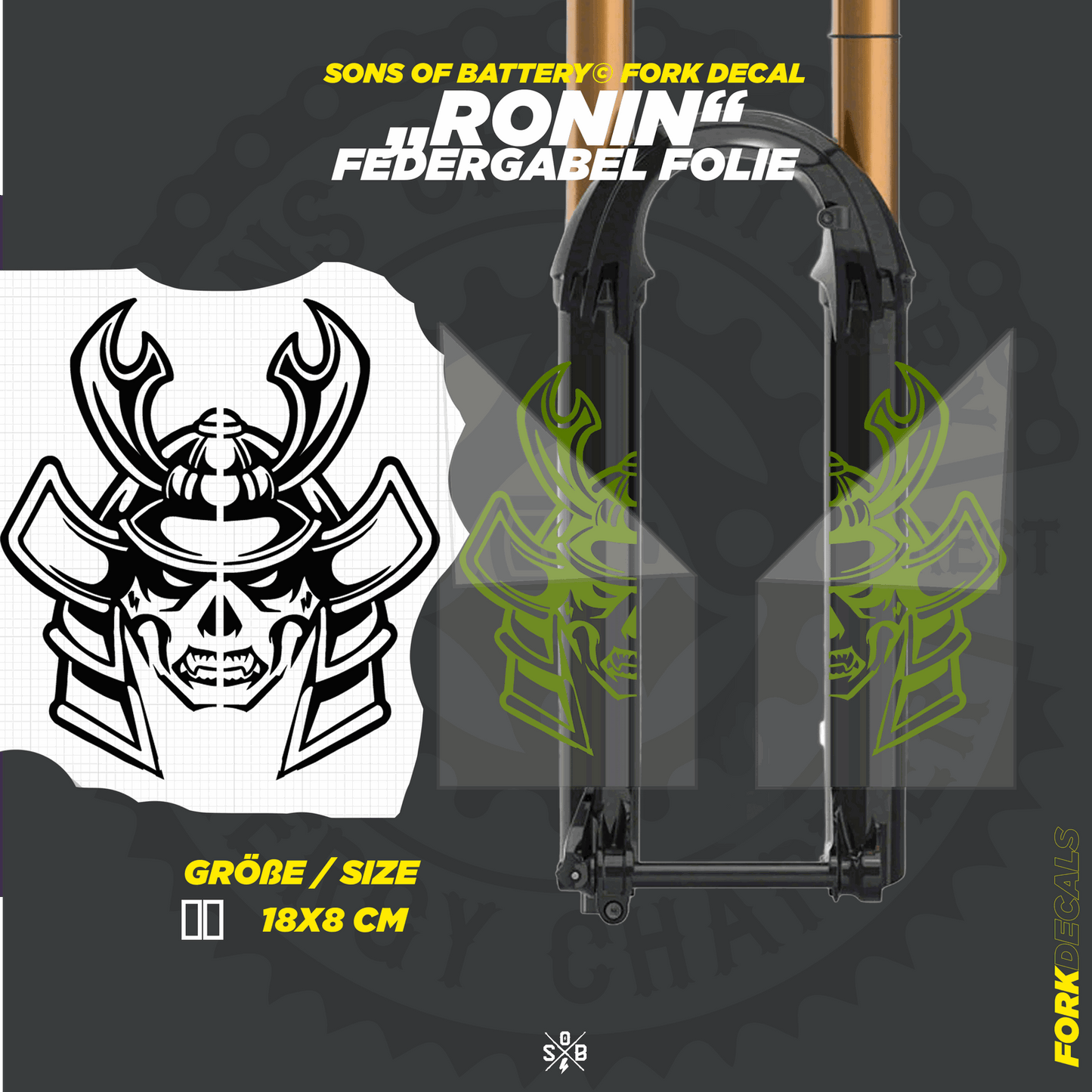 Sons of Battery - E-MTB Brand & Community Folien und Sticker HxB: 18 x  cm / Olivegrün RONIN - Federgabel Vinyl Aufkleber E-Bike-Community