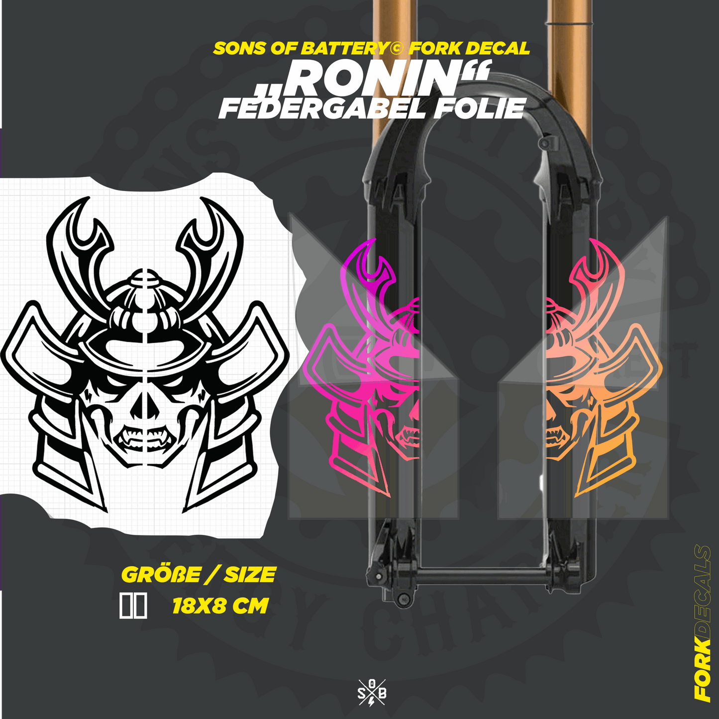 Sons of Battery - E-MTB Brand & Community Folien und Sticker HxB: 18 x  cm / Rainbow RONIN - Federgabel Vinyl Aufkleber E-Bike-Community