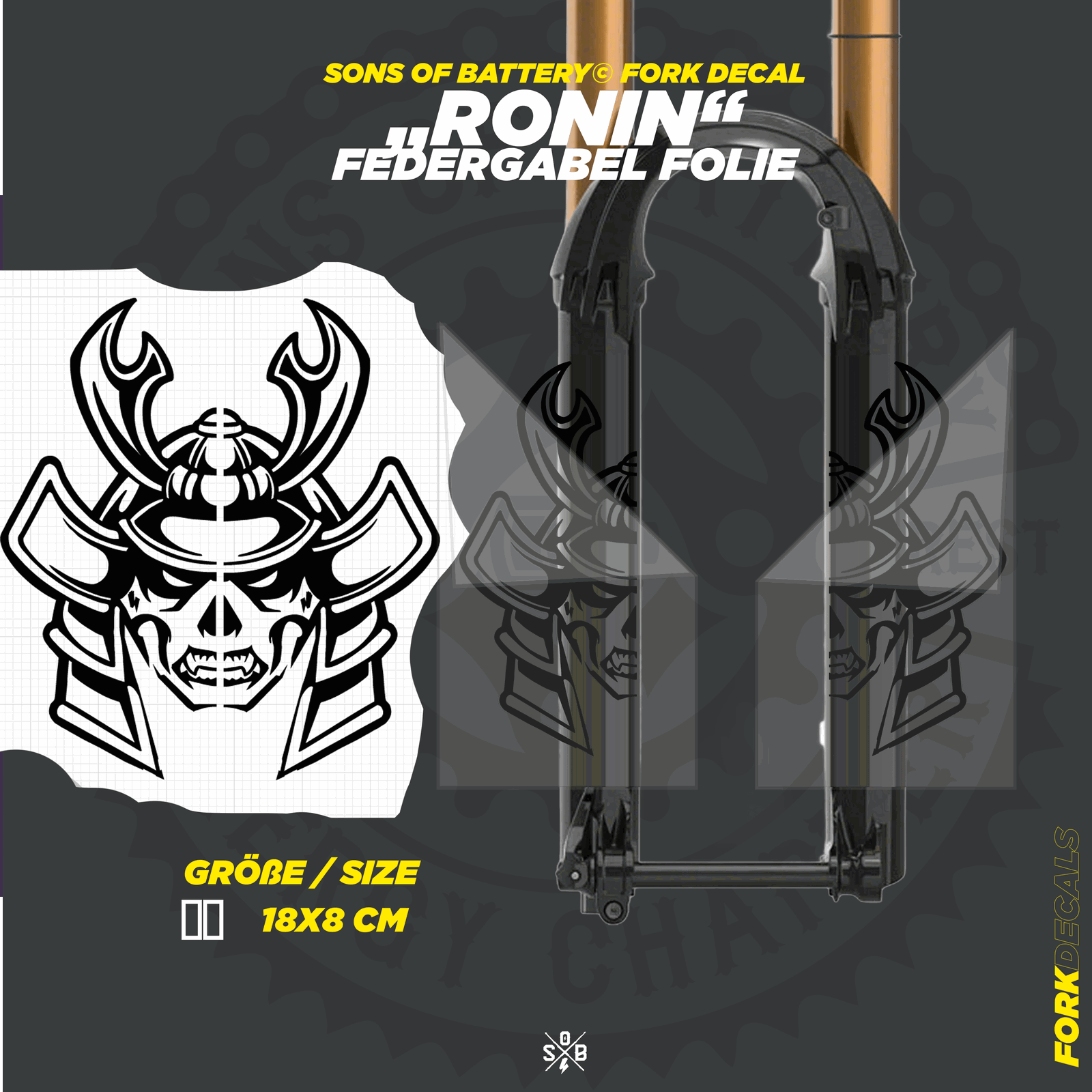 Sons of Battery - E-MTB Brand & Community Folien und Sticker HxB: 18 x  cm / Schwarz RONIN - Federgabel Vinyl Aufkleber E-Bike-Community