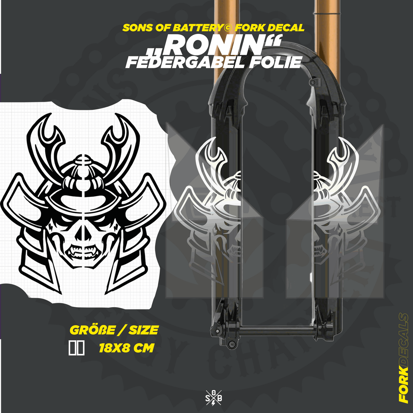 Sons of Battery - E-MTB Brand & Community Folien und Sticker HxB: 18 x  cm / Silber RONIN - Federgabel Vinyl Aufkleber E-Bike-Community