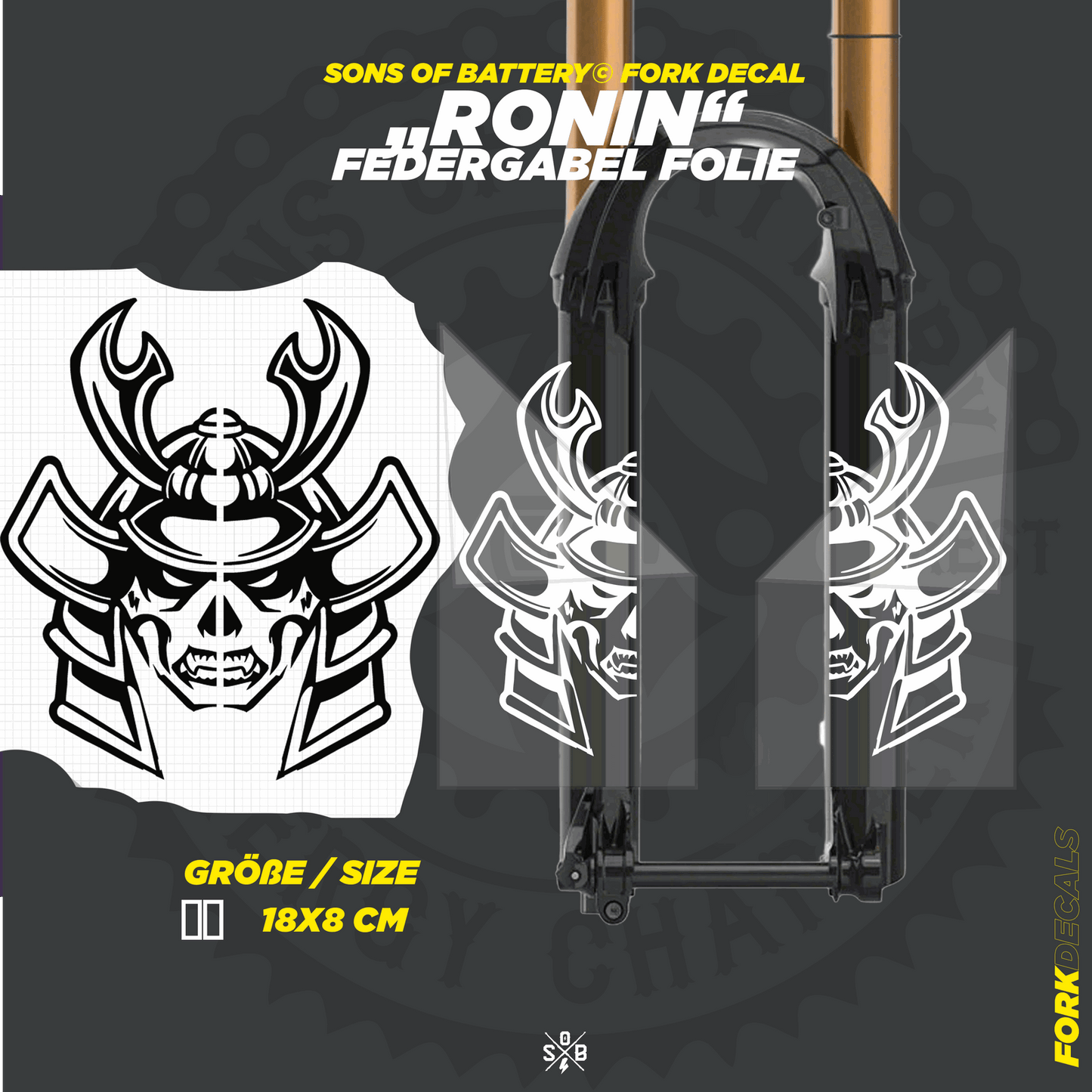 Sons of Battery - E-MTB Brand & Community Folien und Sticker HxB: 18 x  cm / Weiß RONIN - Federgabel Vinyl Aufkleber E-Bike-Community