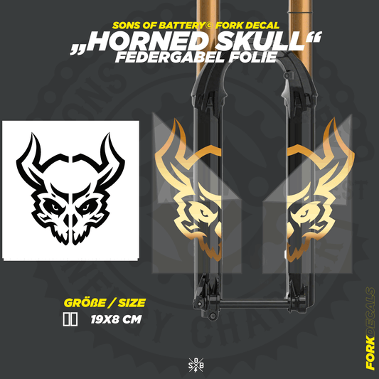 Sons of Battery - E-MTB Brand & Community Folien und Sticker HxB: 19 x 8 cm / Bronze Horned Skull - Federgabel Vinyl Aufkleber E-Bike-Community