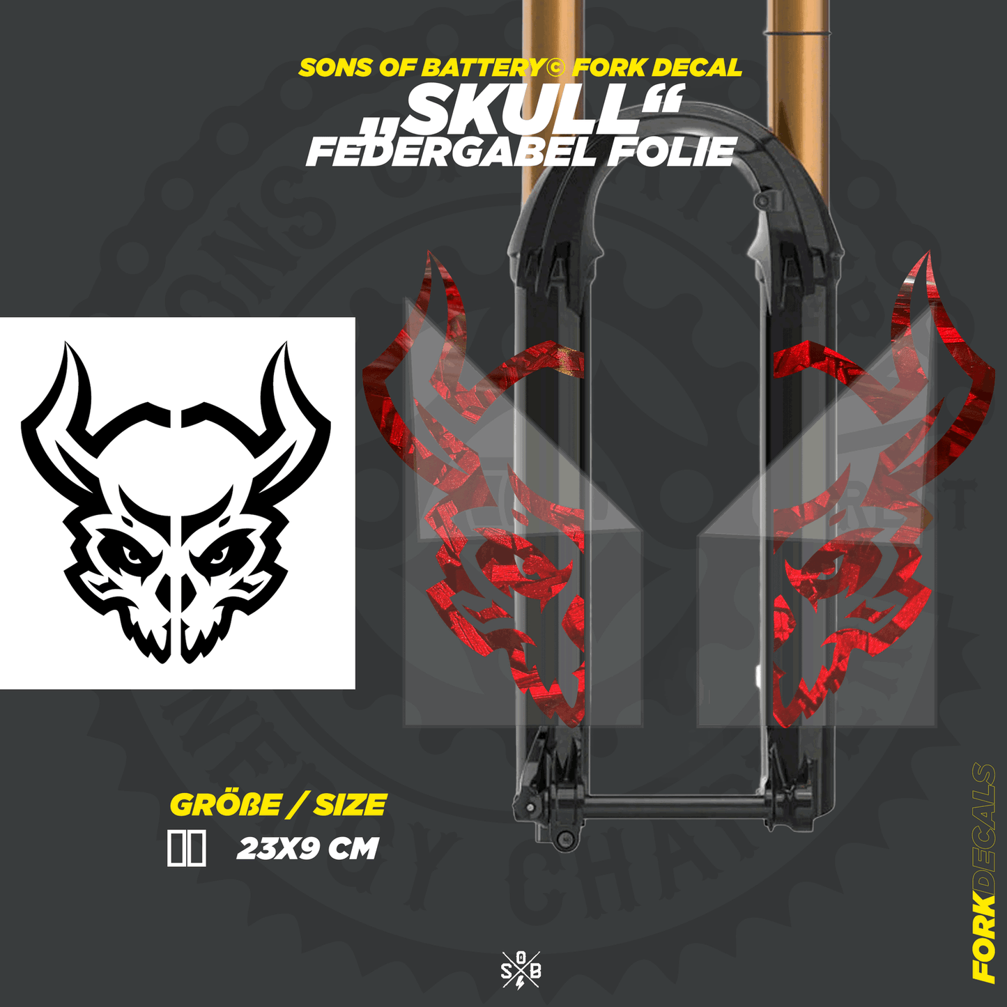 Sons of Battery - E-MTB Brand & Community Folien und Sticker HxB: 19 x 8 cm / Forged Carbon Red Horned Skull - Federgabel Vinyl Aufkleber E-Bike-Community