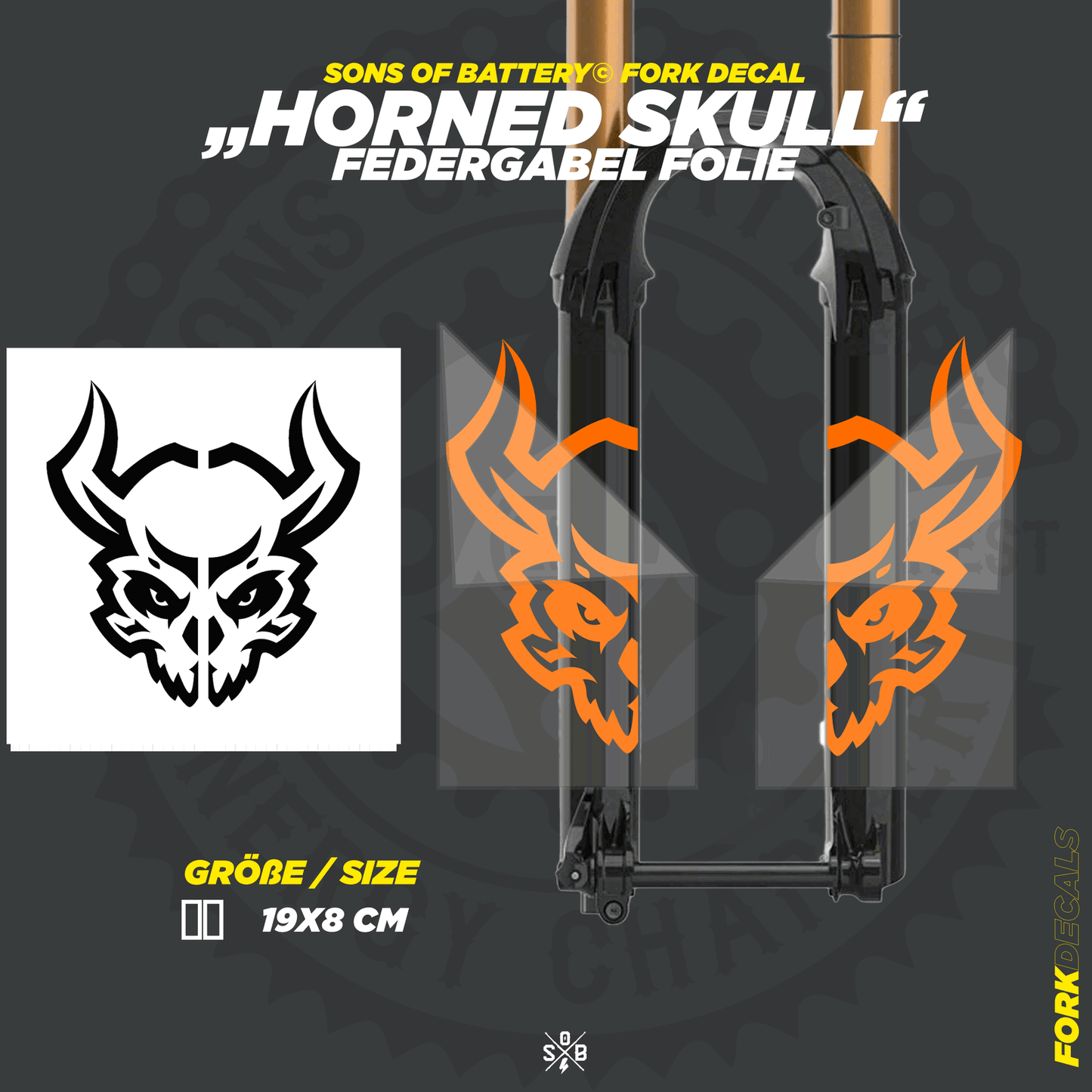 Sons of Battery - E-MTB Brand & Community Folien und Sticker HxB: 19 x 8 cm / Fox-Orange (Glanz) Horned Skull - Federgabel Vinyl Aufkleber E-Bike-Community