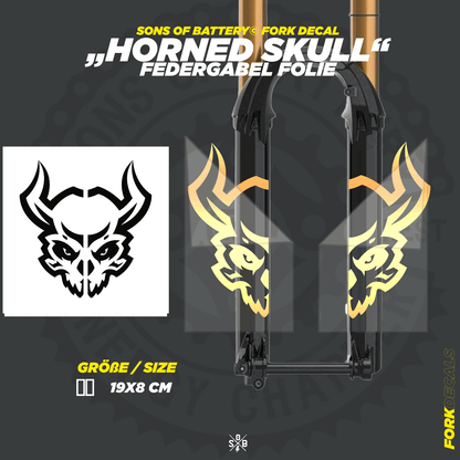 Sons of Battery - E-MTB Brand & Community Folien und Sticker HxB: 19 x 8 cm / Gold Horned Skull - Federgabel Vinyl Aufkleber E-Bike-Community