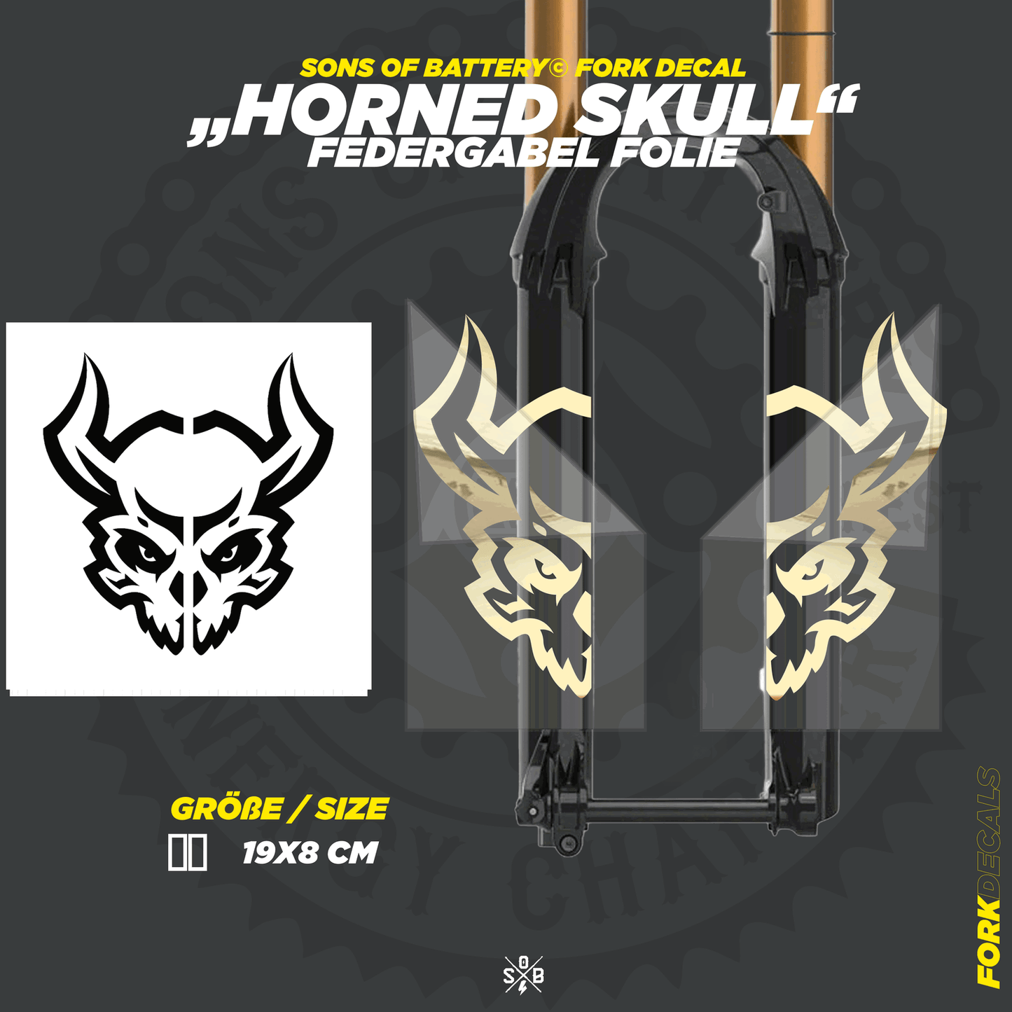 Sons of Battery - E-MTB Brand & Community Folien und Sticker HxB: 19 x 8 cm / Gold (Spiegelnd) Horned Skull - Federgabel Vinyl Aufkleber E-Bike-Community