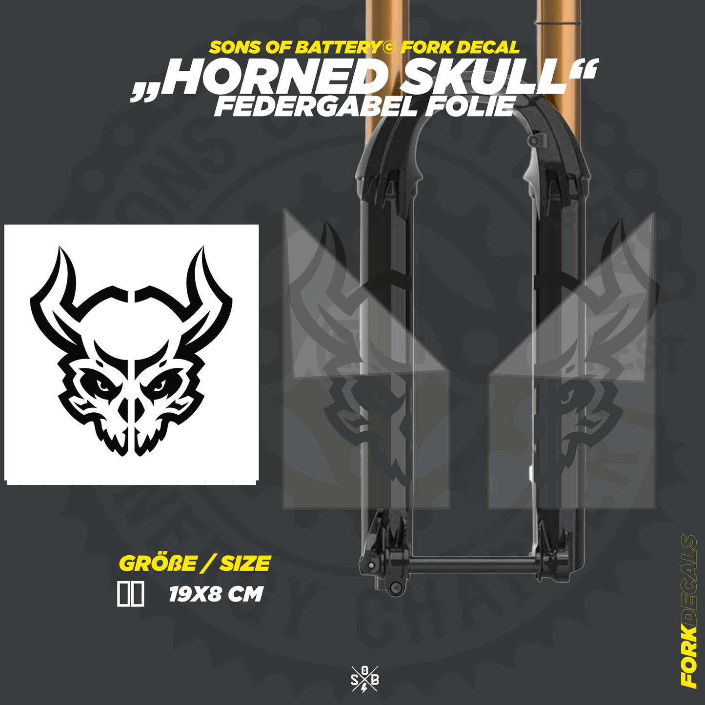 Sons of Battery - E-MTB Brand & Community Folien und Sticker HxB: 19 x 8 cm / Grau Horned Skull - Federgabel Vinyl Aufkleber E-Bike-Community