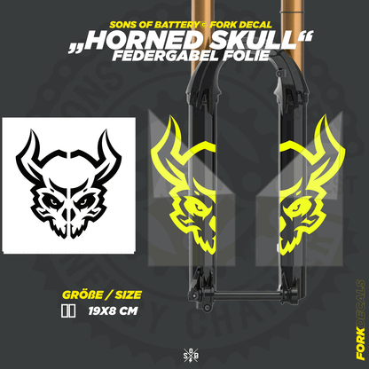 Sons of Battery - E-MTB Brand & Community Folien und Sticker HxB: 19 x 8 cm / Neongelb Horned Skull - Federgabel Vinyl Aufkleber E-Bike-Community