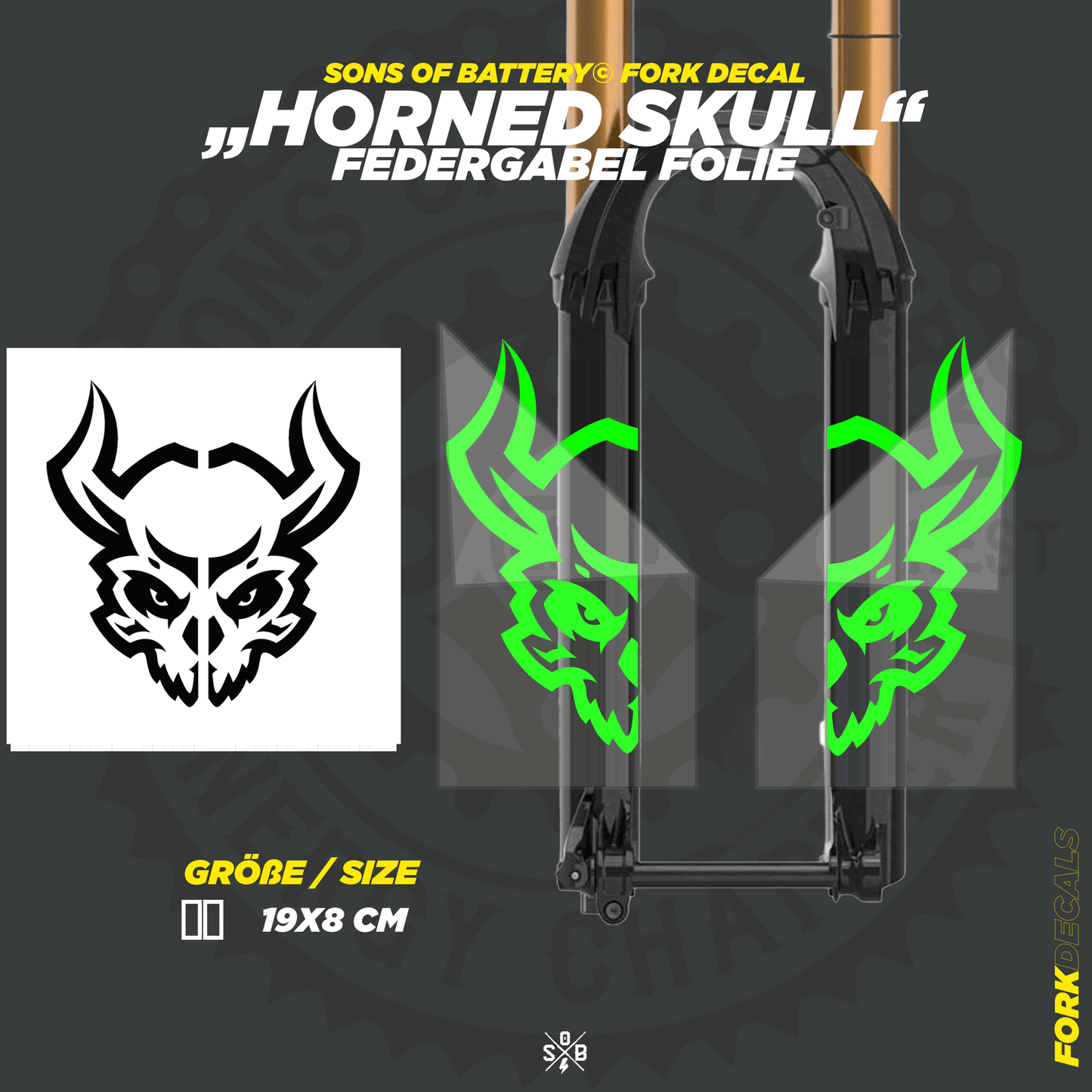 Sons of Battery - E-MTB Brand & Community Folien und Sticker HxB: 19 x 8 cm / Neongrün Horned Skull - Federgabel Vinyl Aufkleber E-Bike-Community