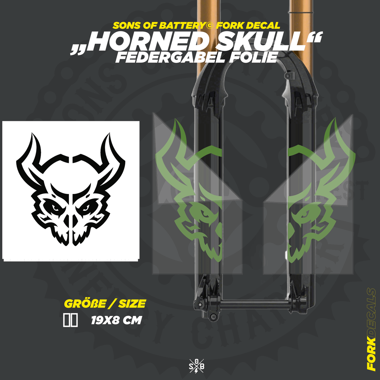 Sons of Battery - E-MTB Brand & Community Folien und Sticker HxB: 19 x 8 cm / Olive Horned Skull - Federgabel Vinyl Aufkleber E-Bike-Community