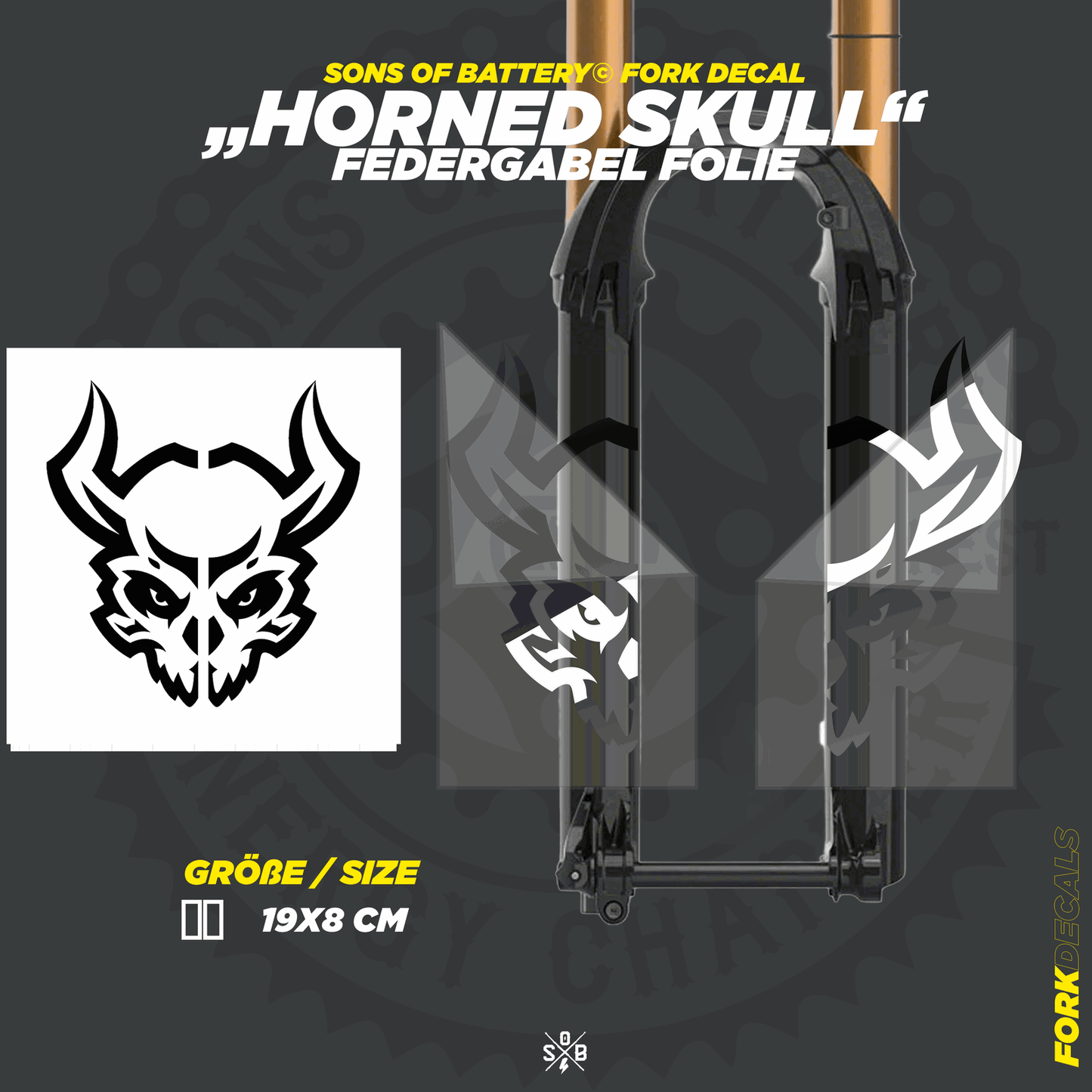 Sons of Battery - E-MTB Brand & Community Folien und Sticker HxB: 19 x 8 cm / Reflektierend Horned Skull - Federgabel Vinyl Aufkleber E-Bike-Community