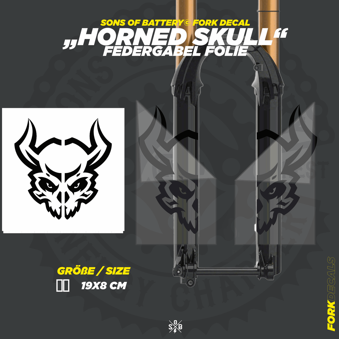 Sons of Battery - E-MTB Brand & Community Folien und Sticker HxB: 19 x 8 cm / Schwarz Horned Skull - Federgabel Vinyl Aufkleber E-Bike-Community