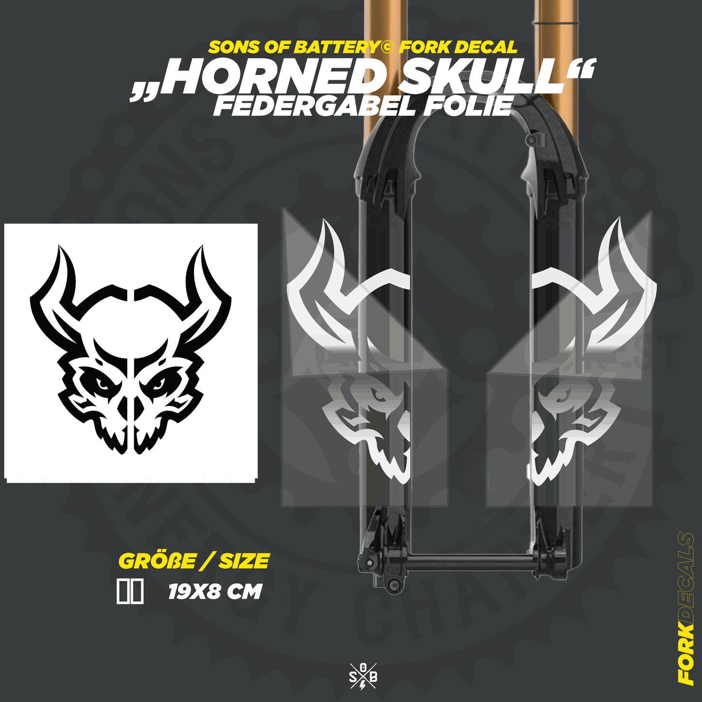 Sons of Battery - E-MTB Brand & Community Folien und Sticker HxB: 19 x 8 cm / Silber Horned Skull - Federgabel Vinyl Aufkleber E-Bike-Community