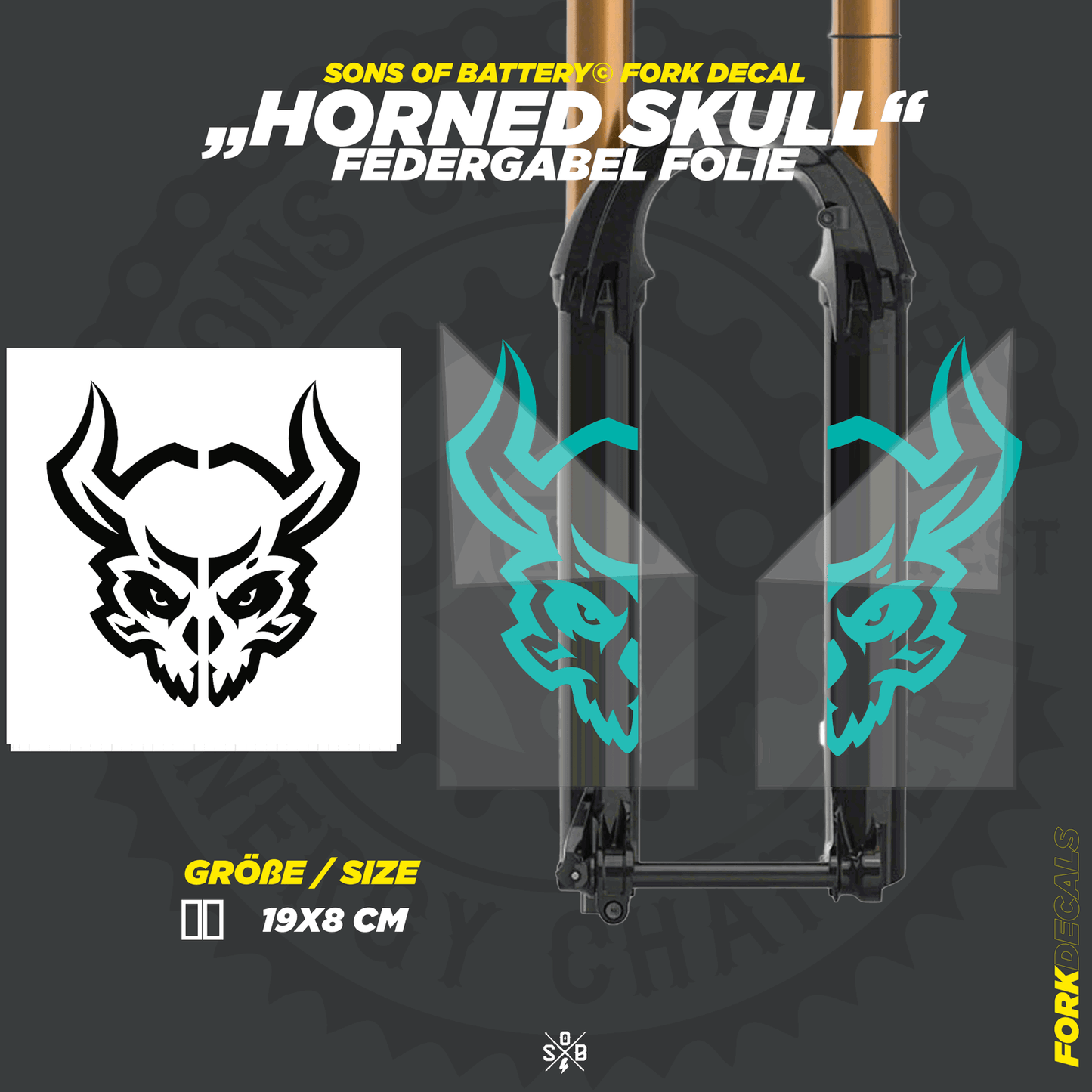 Sons of Battery - E-MTB Brand & Community Folien und Sticker HxB: 19 x 8 cm / Türkis Horned Skull - Federgabel Vinyl Aufkleber E-Bike-Community