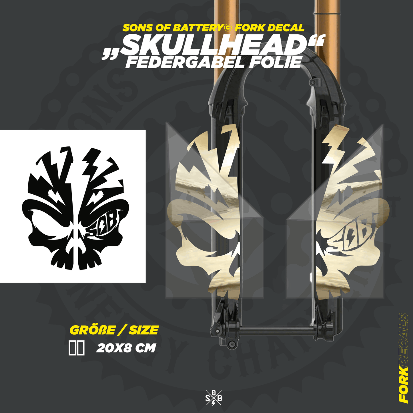 Sons of Battery - E-MTB Brand & Community Folien und Sticker HxB: 20 x 8 cm / Gold (Spiegelnd) Skullhead  Federgabel Vinyl Aufkleber E-Bike-Community