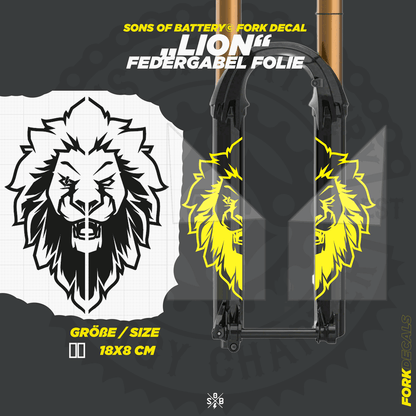 Sons of Battery - E-MTB Brand & Community Folien und Sticker HxB: 21 x 8 cm / Neongelb Lion - Federgabel Vinyl Aufkleber E-Bike-Community