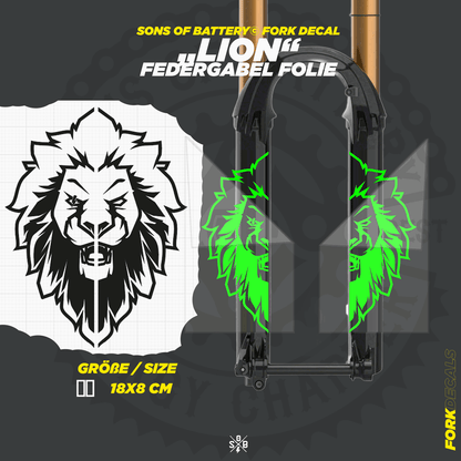 Sons of Battery - E-MTB Brand & Community Folien und Sticker HxB: 21 x 8 cm / Neongrün Lion - Federgabel Vinyl Aufkleber E-Bike-Community