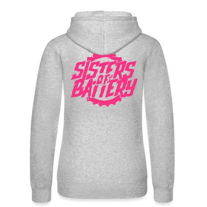 SPOD Frauen Kapuzen Sweater von Russell Grau meliert / XS 2 Seiten Cross / Sisters Neonpink - Frauen Kapuzen Sweater von Russell E-Bike-Community