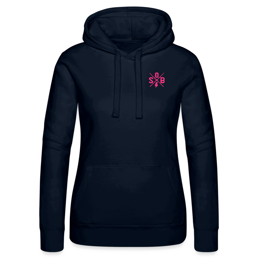 SPOD Frauen Kapuzen Sweater von Russell Navy / XS 2 Seiten Cross / Sisters Neonpink - Frauen Kapuzen Sweater von Russell E-Bike-Community