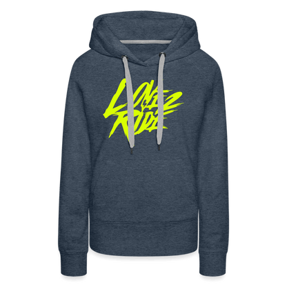 SPOD Frauen Premium Hoodie Jeansblau / S Love 2 Ride - Neongelb Frauen Premium Hoodie E-Bike-Community