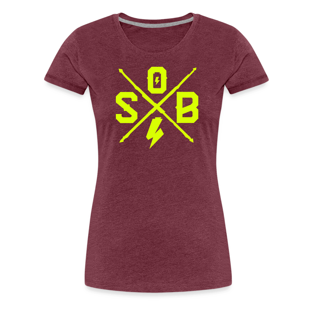 SPOD Frauen Premium T-Shirt Bordeauxrot meliert / S Cross - Neongelb - Frauen Premium T-Shirt E-Bike-Community